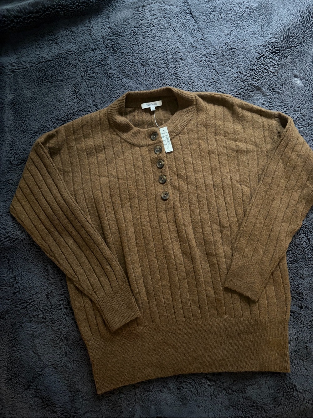 Madewell Ribbed Crewneck Henley Sweater - Brown